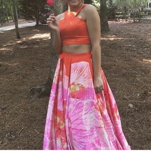Orange and pink floral 2 piece prom dress